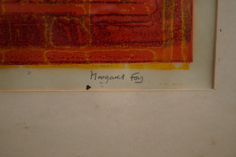 Three colour screen prints, Abstract compositions, including one by Kay Homewood and one by Margaret Foy, each signed, 33 x 32cm. Condition - fair
